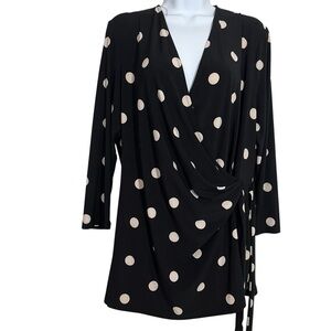 Anne Klein Black Cream Polka Dot Wrap Blouse Size XL BowTie Holiday Party Office